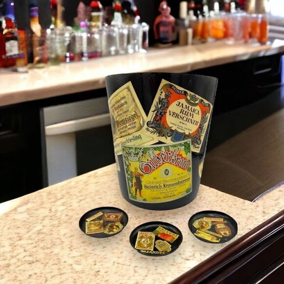MidCentury W German Alcohol Label Decoupage Enameled Champagne Bucket & Coasters - Picture 2 of 16